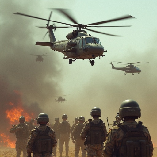 Helicopters and drones surround ground forces. Smoke billows during the operation. Soldiers stand in formation below. Military vehicles or helicopters hover above. Tactical gear worn by soldiers visible.