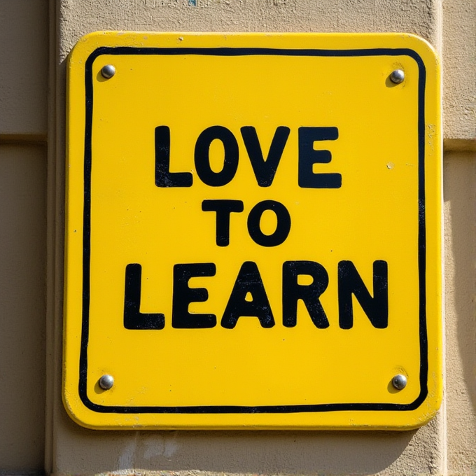 A yellow sign with the words 'Love to Learn' in bold letters.