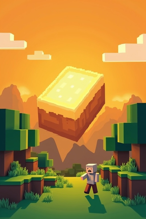 Logo design for Minecraft server named Breadland. Features pixelated bread. Showcases Minecraft-themed 3D landscape with mountains and trees. Has bright orange sunset background. Includes blocky characters interacting with nature. Background depicts Minecraft world with trees and grass.