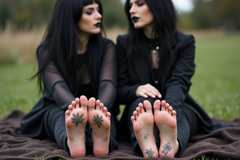 Image features two mature goth women sitting on a blanket. They have long black hair and black lips. Their feet are bare and tattooed. The setting is outdoors with grass around.