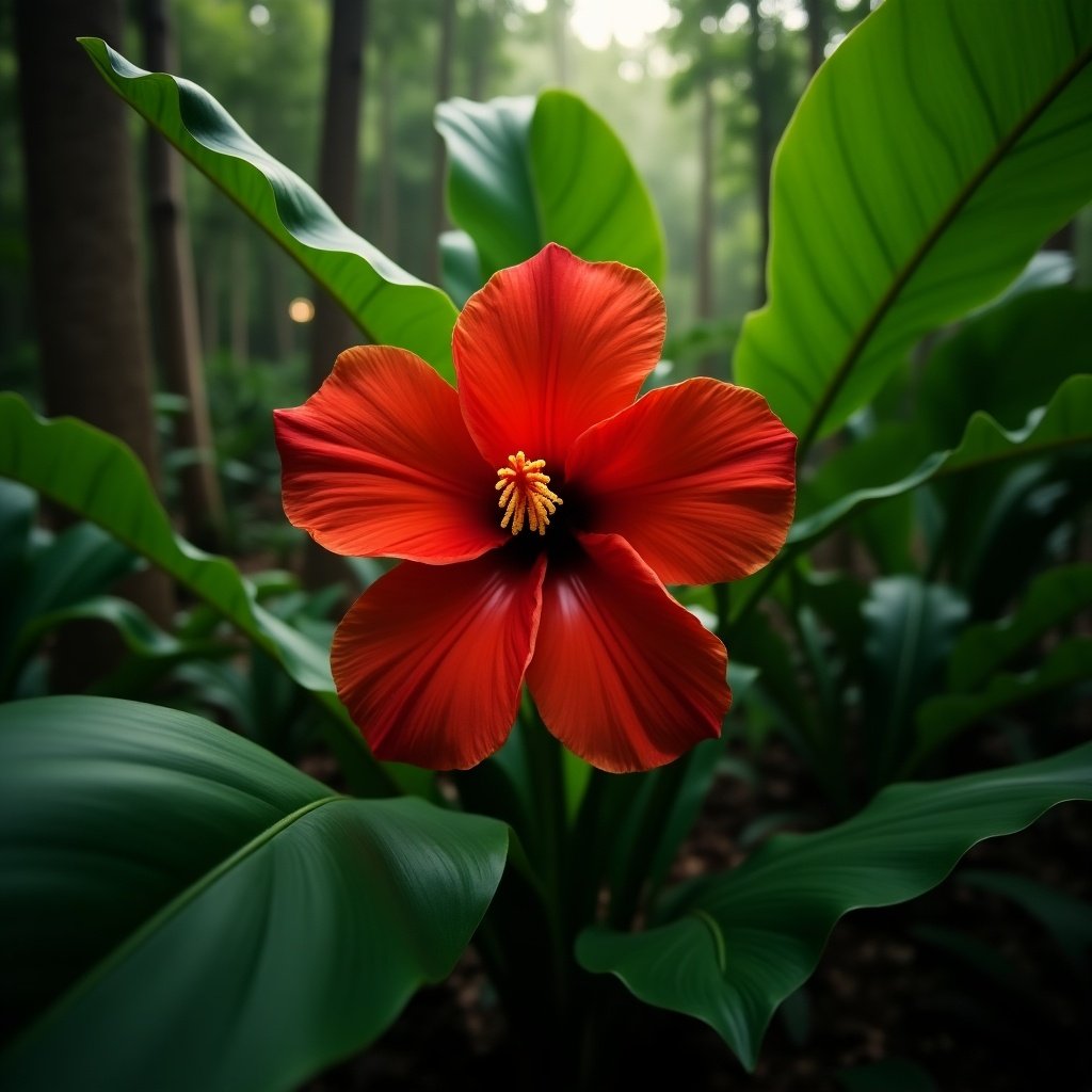 The image showcases a vibrant tropical flower in red, set against the backdrop of lush green leaves. The flower appears to be a hibiscus, with its large and striking petals capturing attention. Soft, diffused light filters through the tall trees, creating a serene atmosphere in the forest. The rich green foliage enhances the flower's vivid color, making it the focal point of the composition. This scene evokes feelings of tropical paradise and natural beauty.