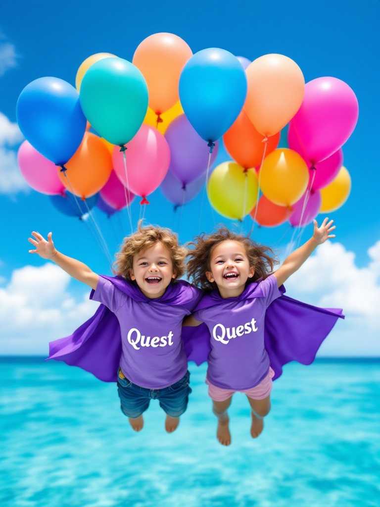 Two joyful kids floating in the air with colorful balloons over clear blue water. Both kids are wearing purple capes. Shirts have the word 'Quest'. Child's clothing is comfortable and playful. Soft focus background of the Caribbean Sea.