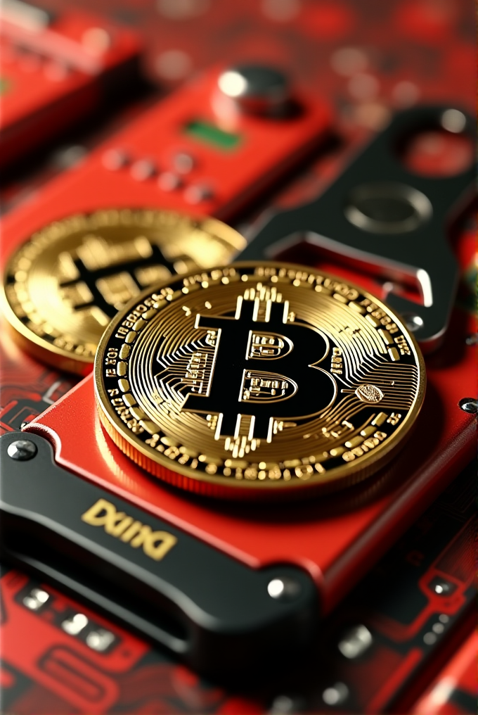 A gold Bitcoin sits atop red devices, symbolizing cryptocurrency and technology.