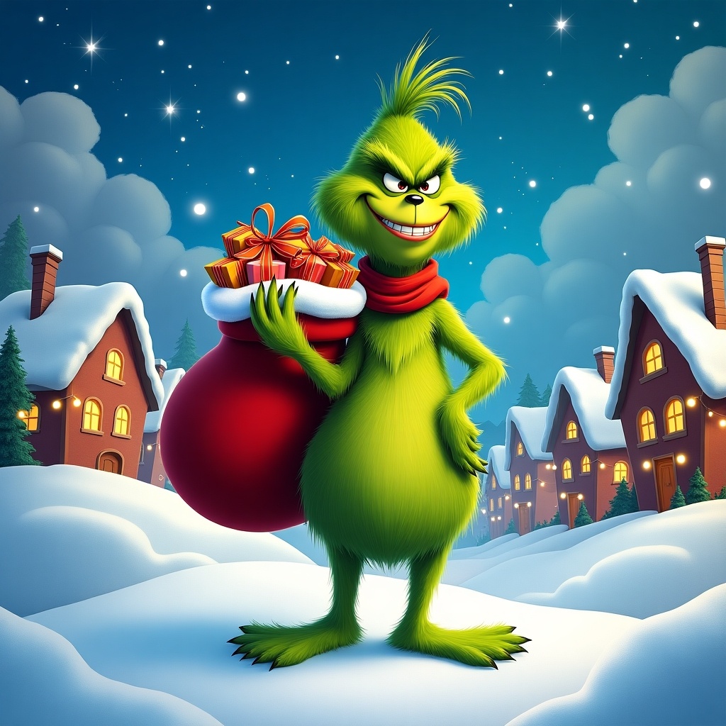 Grinch character from 'How the Grinch Stole Christmas' standing in a snowy village while holding a bag full of gifts.