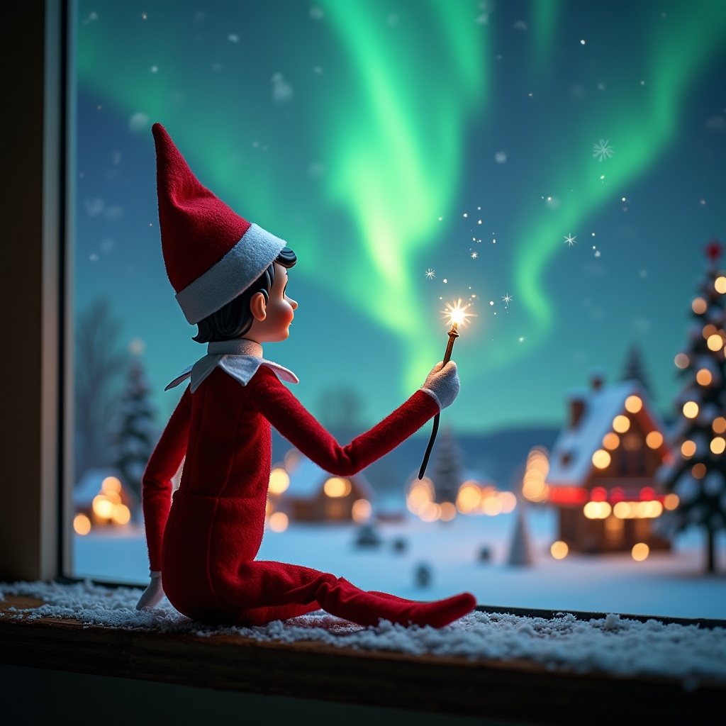 The image features an Elf on the Shelf character sitting on a window ledge with its back facing the viewer, gazing at a magical winter scene outside. The elf is wearing a classic red outfit and a playful hat, holding a sparkling wand. It uses the wand to write 'Cameron' in the sky, amidst swirling northern lights that illuminate the night. The background showcases a cozy Christmas village with twinkling lights and a picturesque house adorned for the holidays, completing the enchanting atmosphere. Snow gently falls around, enhancing the festive feel of the scene.