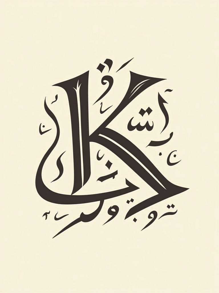 Stylized Arabic calligraphy showcasing letters M and K in Kufi script. Design is intricate with bold lines. Color scheme features black ink on light cream background.