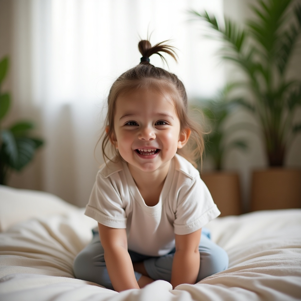 Young girl smiles on bed. Soft light and plants in the background.