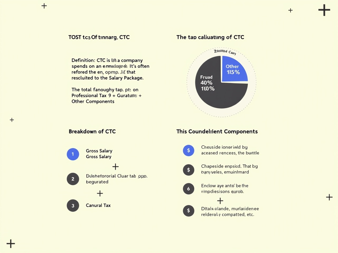 This image presents a detailed breakdown of Cost to Company (CTC), illustrating the salary package components in a clear and engaging manner. It includes sections that define CTC, its calculation, and the specific components of CTC like Gross Salary and other factors. It also features a percentage breakdown of different components including fraud and other categories. The design is minimalist with a modern aesthetic, utilizing a light yellow background and simple icons to enhance understanding. This image would be valuable for HR professionals and anyone looking to understand salary packages more effectively.