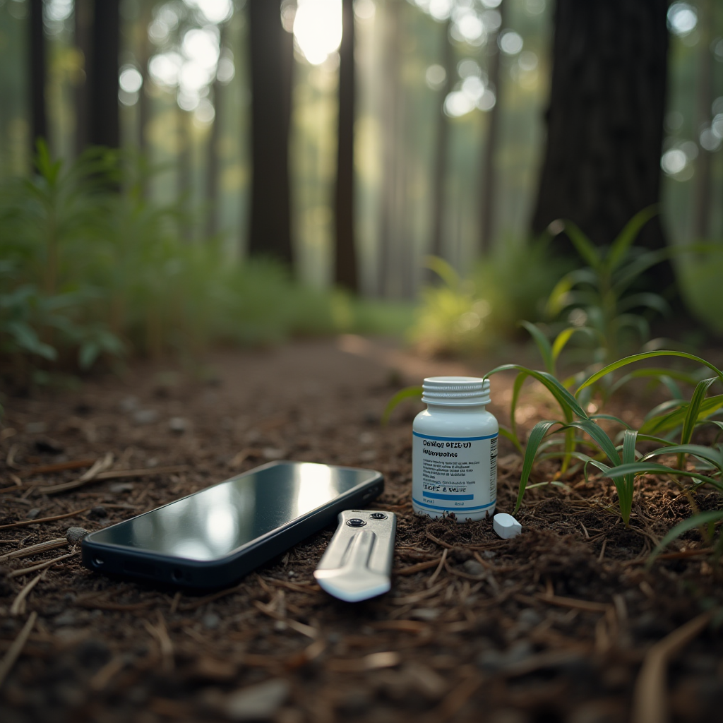 A bottle of medication, a smartphone, and a small knife lie on a forest floor, surrounded by tall trees and soft sunlight streaming through the branches.