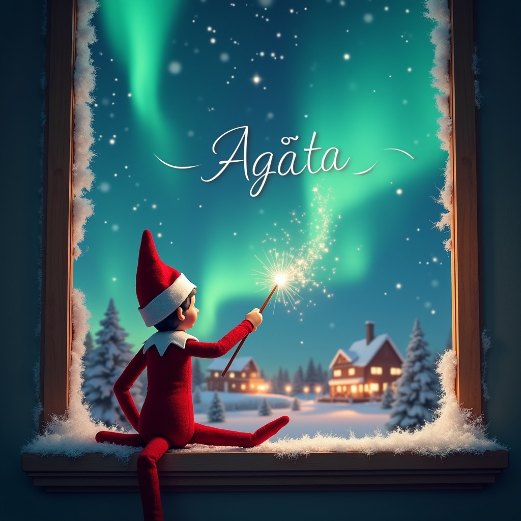 Elf character with back to the viewer sitting at a snowy window. Facing a magical sky with northern lights. Using a wand to create sparkles and write 'Agáta'. Cozy Christmas village in the background.