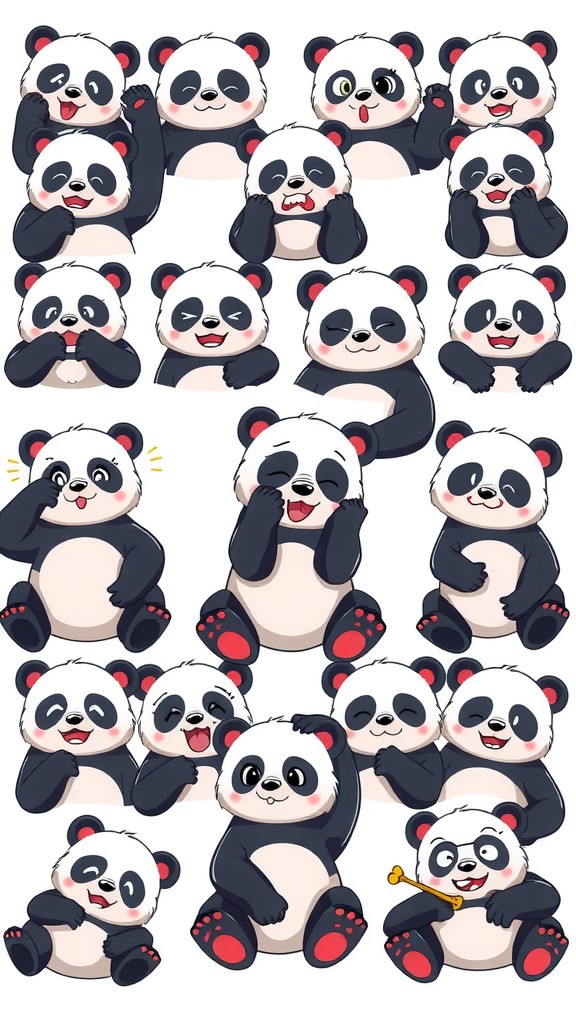 A collection of adorable cartoon pandas displaying various cute and playful expressions.