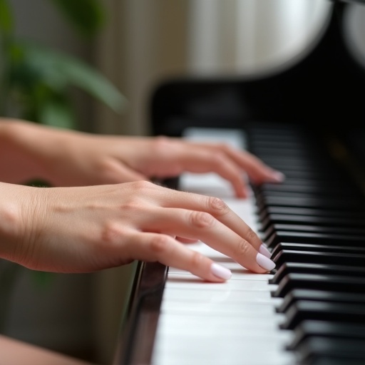 Image captures woman's hands with white nails playing piano. Close-up shows hands on black and white keys. Soft light enhances details of hands and surroundings.