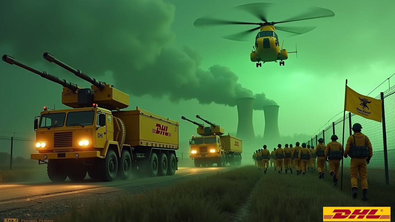 In a dramatic scene, several large yellow armored trucks equipped with double-barrel roof-mounted cannons are driving beside a fence. The trucks prominently display the DHL logo, emphasizing their corporate branding. Nearby, soldiers in yellow uniforms, armed with rifles, march together in unison. One soldier carries a large flag featuring the DHL logo. In the background, glowing green smokestacks from a nuclear power plant loom ominously. A yellow Chinook CH-47 helicopter flies overhead, enhancing the intensity of the situation. The entire scene is bathed in an evil green glow, evoking a sense of tension and urgency.