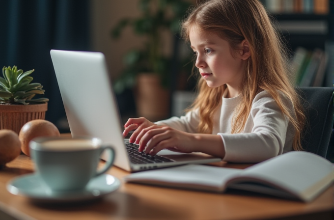 A young girl is intently working on a laptop at a desk with an open notebook and a cup in the foreground, set in a cozy indoor environment with plants.