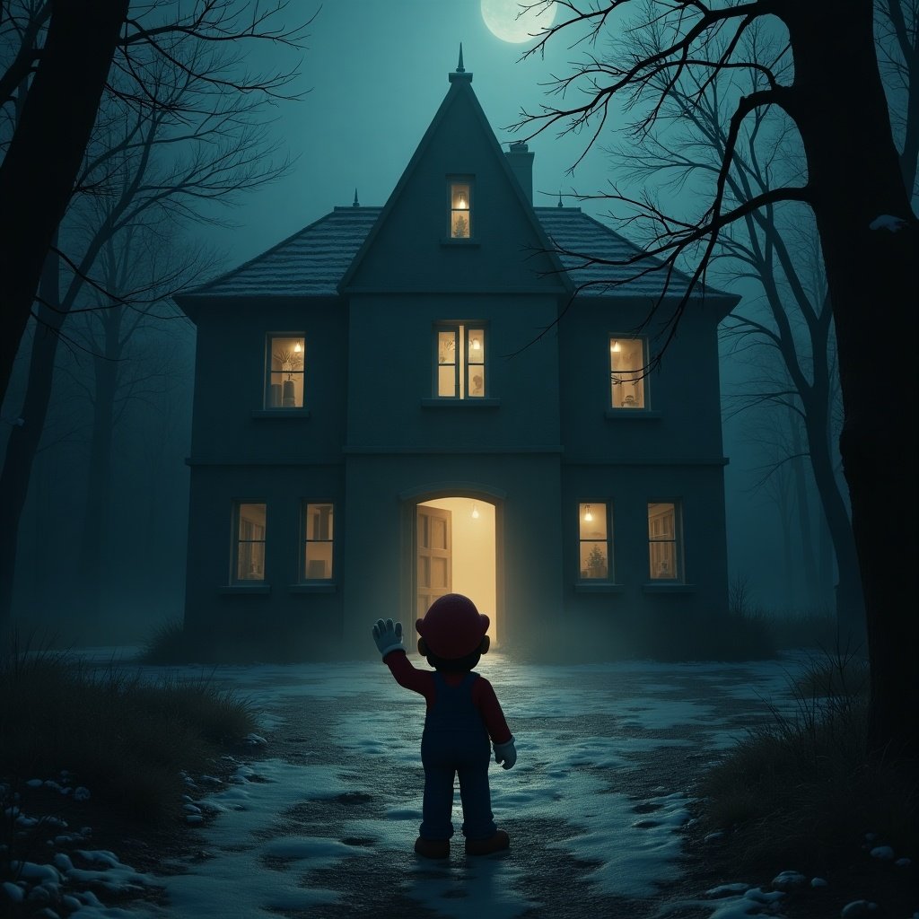 In a dark, eerie forest, Mario stands bravely in front of an abandoned laboratory. The moon casts a pale glow over the scene, illuminating the old house with its flickering lights. A chill wind blows, adding to the sense of foreboding. Strange sounds emanate from inside the building, beckoning him closer. With determination, he waves, ready to confront whatever mysteries lie within the haunted lab.