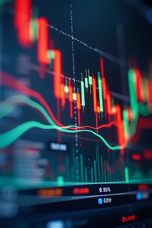 Stock market volatility depicted through a close-up of a financial trading chart with red and green candlestick patterns.