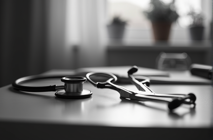 A stethoscope and medical tools are placed on a table in a softly lit room with blurred plants in the background.