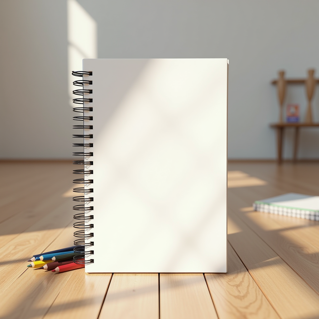 A spiral-bound notebook and colored pencils on a sunlit wooden floor create a peaceful creative setting.