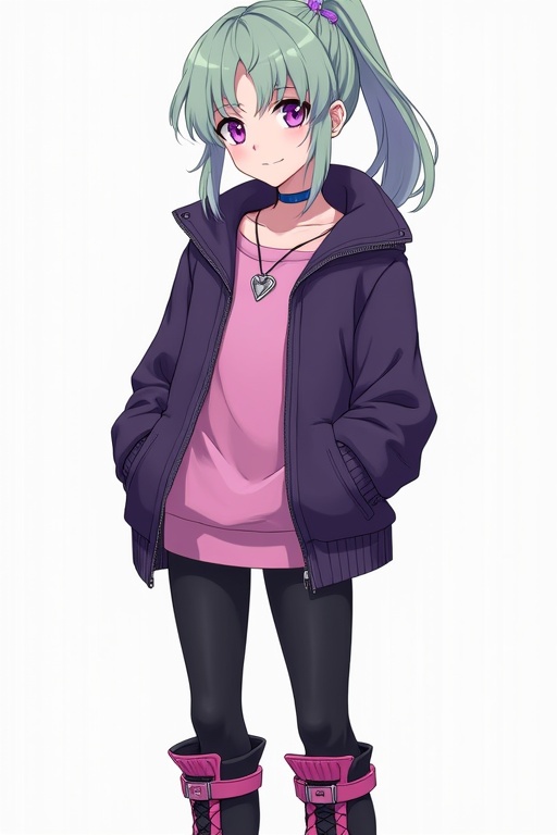 A slender young character with light skin and big purple eyes. Gentle smile with shoulder-length light green hair in a ponytail and side braid. Wearing a dark purple jacket and a pink top with a silver heart choker. Black leggings with pink trim and black pink high heeled boots. Feminine body shape and custom Chaos Duel Disk. Full body image in anime style.