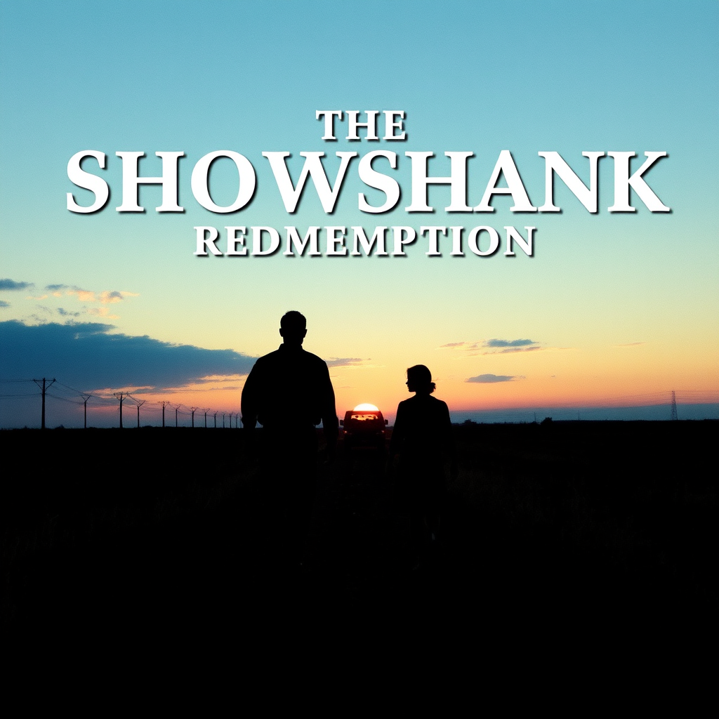 Two silhouettes walk towards a car at sunset with the words 'The Showshank Redmemption' above.