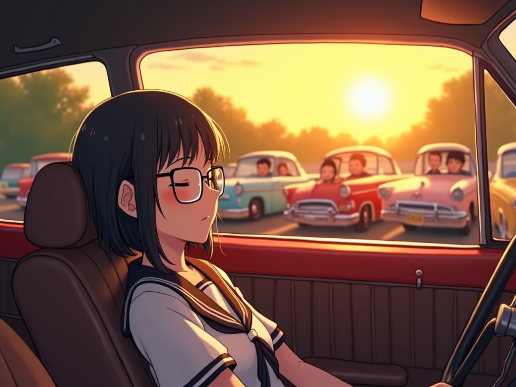 The image features an anime-style character, a young girl wearing a sailor uniform and glasses, snoozing peacefully in the back seat of a car. Her serene expression is illuminated by the warm glow of sunlight streaming in through the car window, casting gentle shadows and highlighting the lush greenery outside. An elderly man with glasses and a young woman with short hair are sitting in a red convertible. They are parked at a drive-in theater during sunset, surrounded by classic cars that add to the nostalgic vibe of the scene.