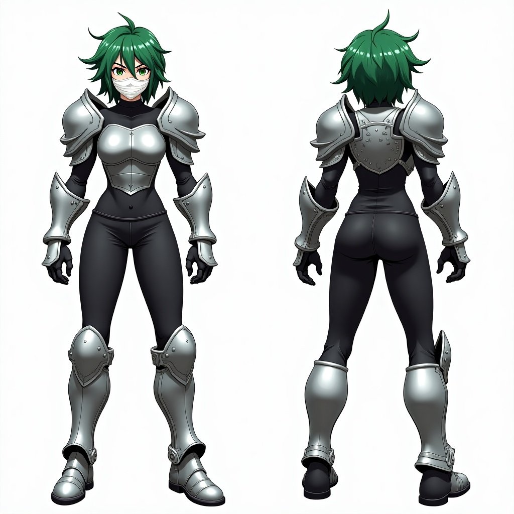 Anime mercenary character features green hair with curtain bangs. Wears silver armor with shoulder pads and a chest plate. Underneath is a black shirt. Includes gauntlets, shin pads, and knee pads. Displayed in three views: front, side, and back.