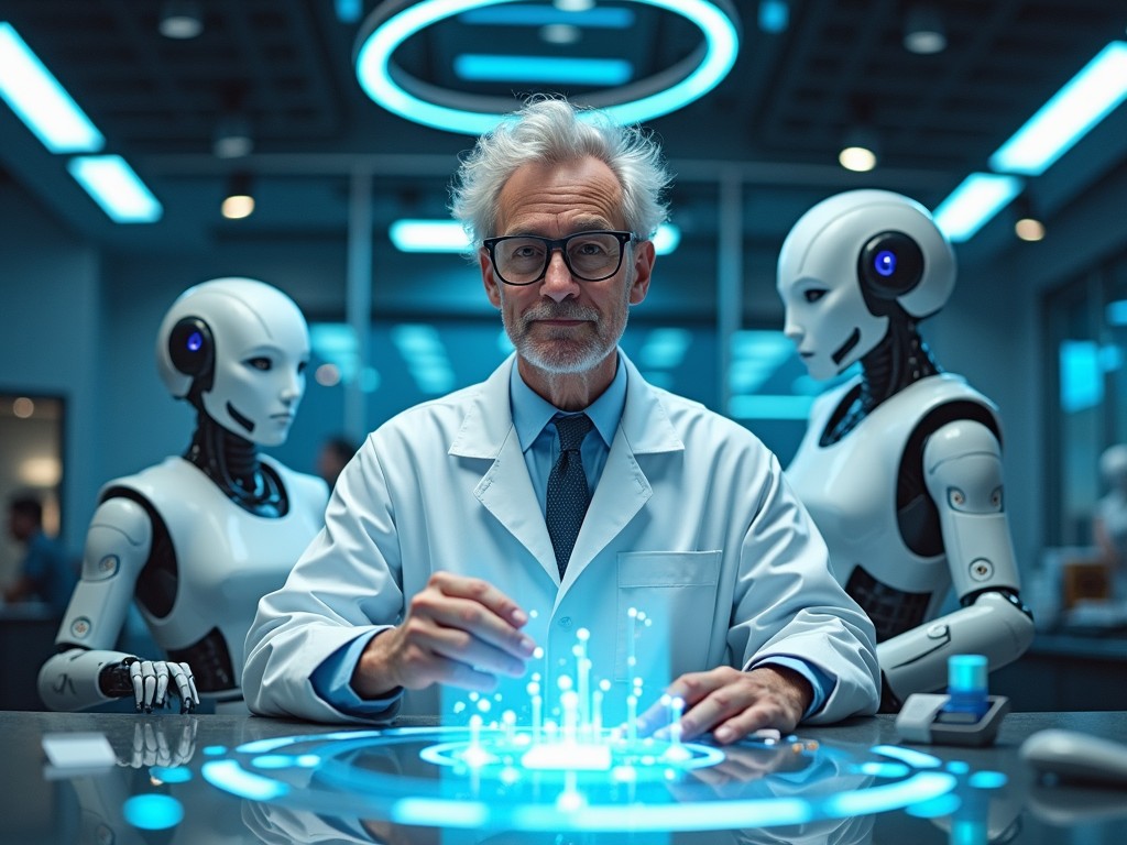 The image depicts a scientist in a lab coat, exemplifying advanced technology and research in artificial intelligence. He is seated in a futuristic laboratory, surrounded by humanoid robots. The scientist is focused, interacting with a holographic interface displaying digital elements. The setting is bright and high-tech, with a blue and white color palette. This scene reflects the convergence of human intellect and AI advancements, hinting at the future of technology in science.