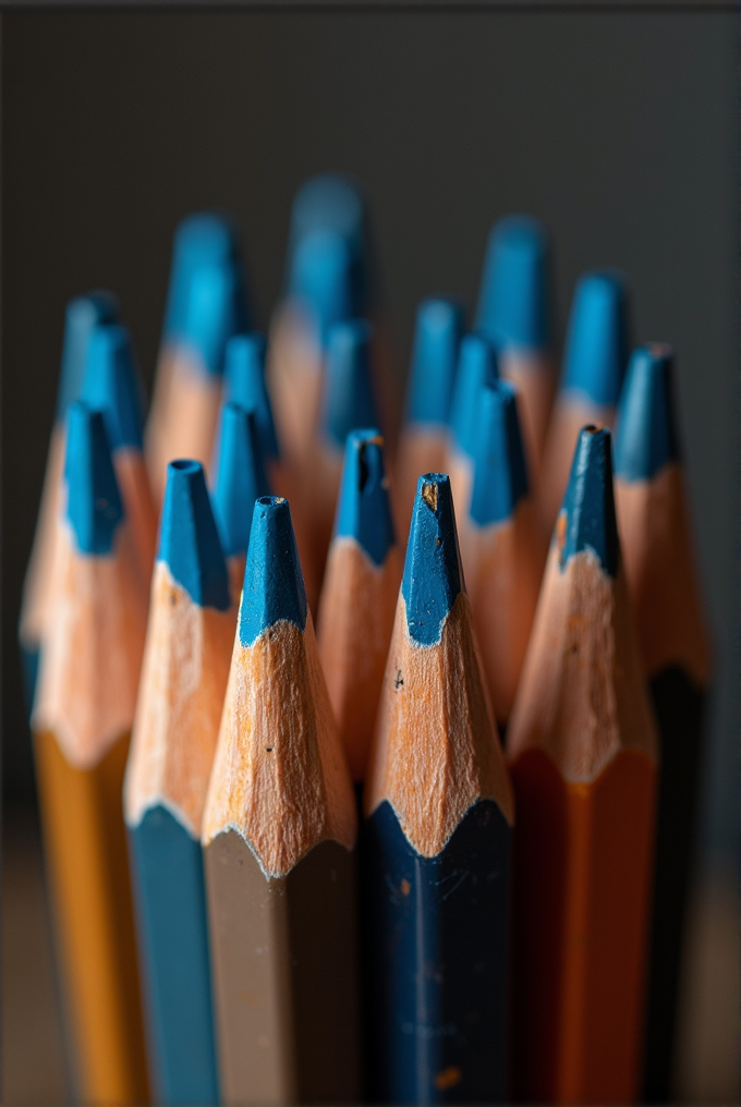 A cluster of well-sharpened blue-tipped colored pencils standing upright, arranged closely together against a dark background.