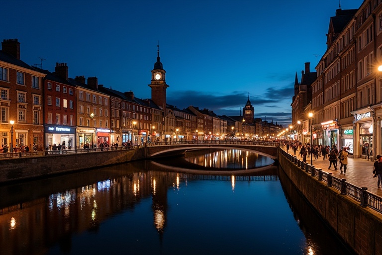 Photograph of Dublin city at night showcasing the River Liffey bridge. The image displays colorful buildings along the water with reflections. A recognizable clock tower stands tall in the background. The time is twilight with deep blue skies.