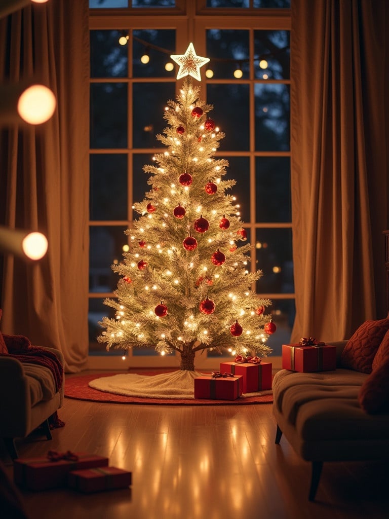 A beautifully decorated Christmas tree with red ornaments and a star on top. The tree is brightly lit and surrounded by gifts. Warm lighting creates a cozy atmosphere in a living room with elegant furnishings.