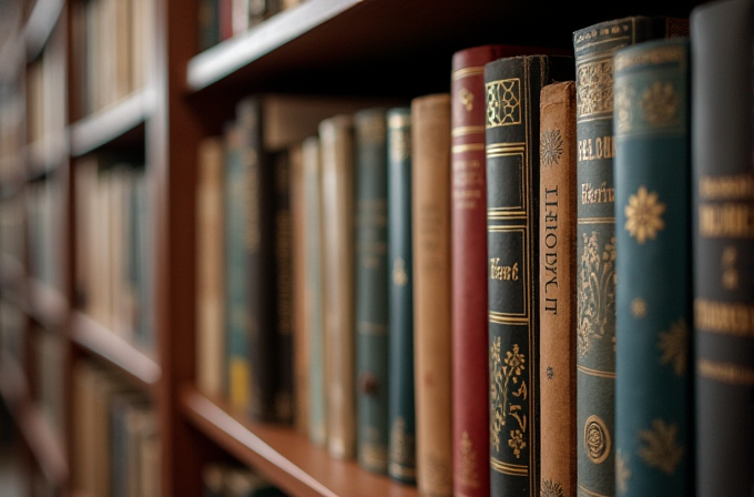 A close-up view of a shelf filled with vintage, leather-bound books.