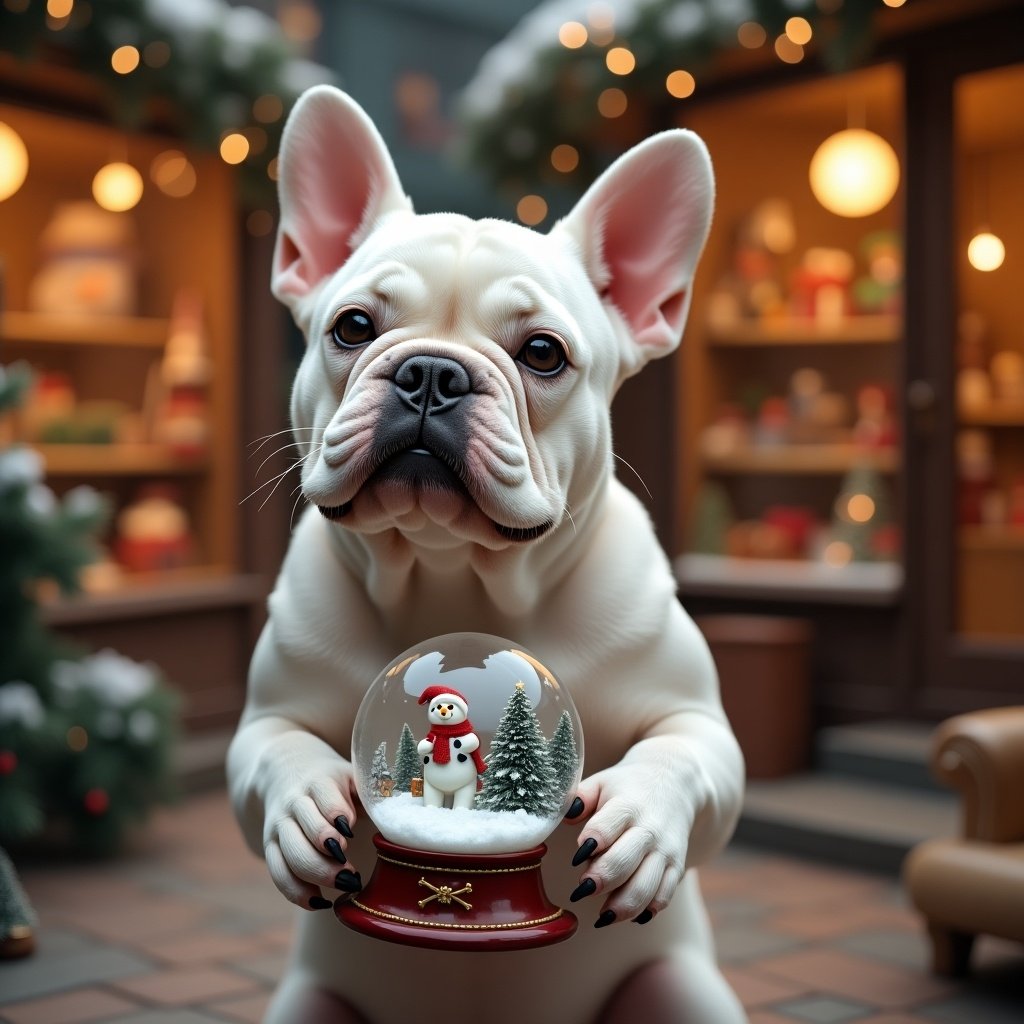 French Bulldog holds a snow globe in a Christmas-themed toy shop. Snow globe shows a snowman inside. Background has colorful decorations and warm lights.