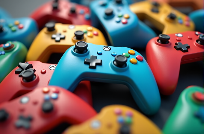 A vibrant assortment of video game controllers in various bright colors including blue, red, yellow, and green.