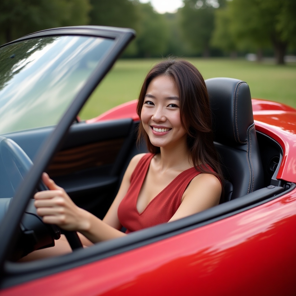 A woman smiles while sitting in the driver's seat of a red car. The scene is set outdoors with green surroundings, highlighting her joy and the car's stylish design.