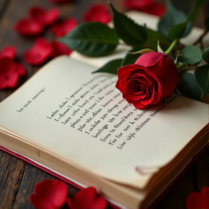 An open book with poetic text is adorned by a vibrant red rose and scattered petals.