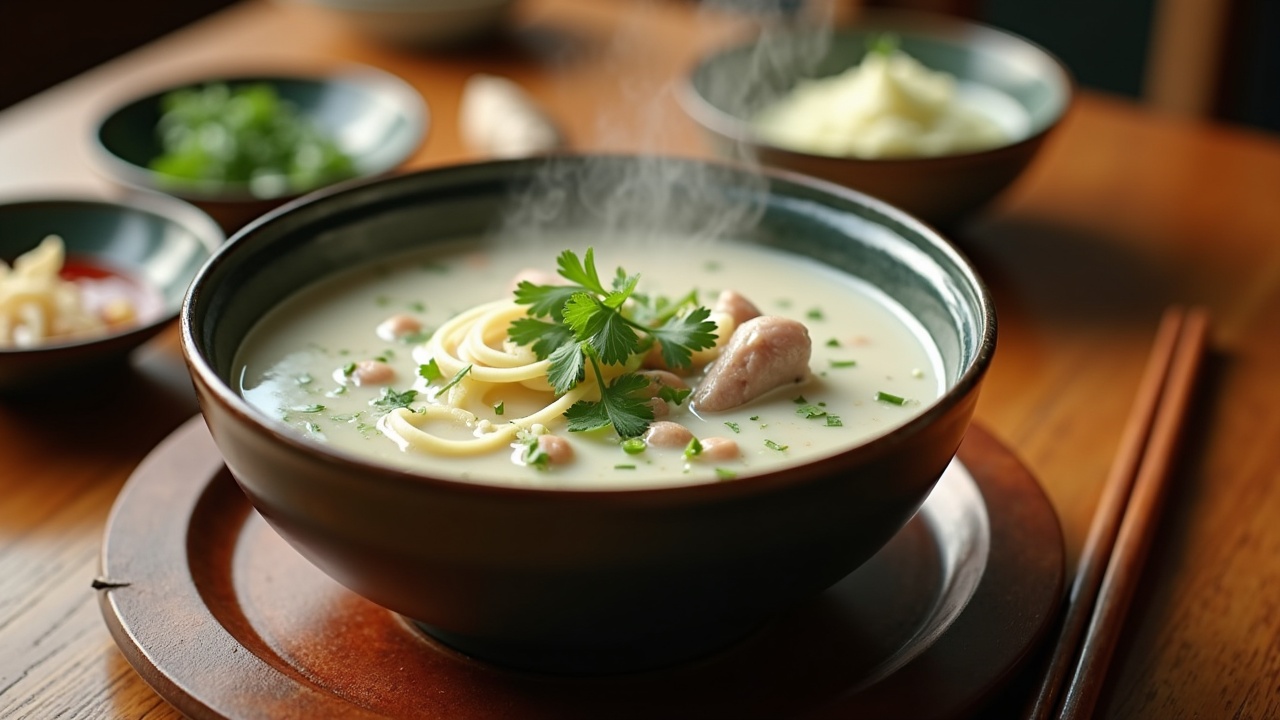 The image captures a warm winter dining scene. At its heart is a bowl of steaming mutton soup, rich and milky white. The soup features pieces of tender mutton and thin slices of ginger, garnished with fresh coriander and chopped green onions. Surrounding the soup are small dishes with minced garlic, chili sauce, and white vinegar, symbolizing warmth and nourishment. The background showcases a warm wooden table with soft light, creating a tranquil and inviting atmosphere perfect for winter dining.