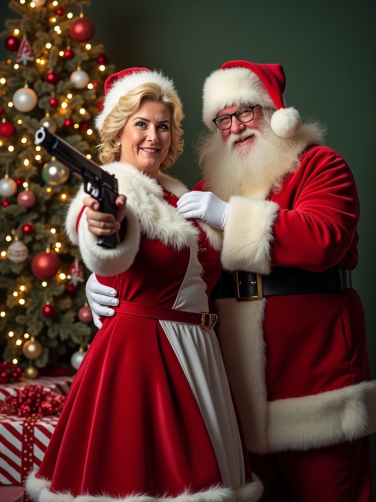 Scene of Mrs. Claus aiming playfully with a gun. Santa Claus stands behind her with a smile. Both wear traditional red and white outfits. Christmas tree in the background is decorated with lights and ornaments. Wrapped gifts are under the tree. Warm lighting adds to the festive feeling. Represents a humorous take on holiday traditions.