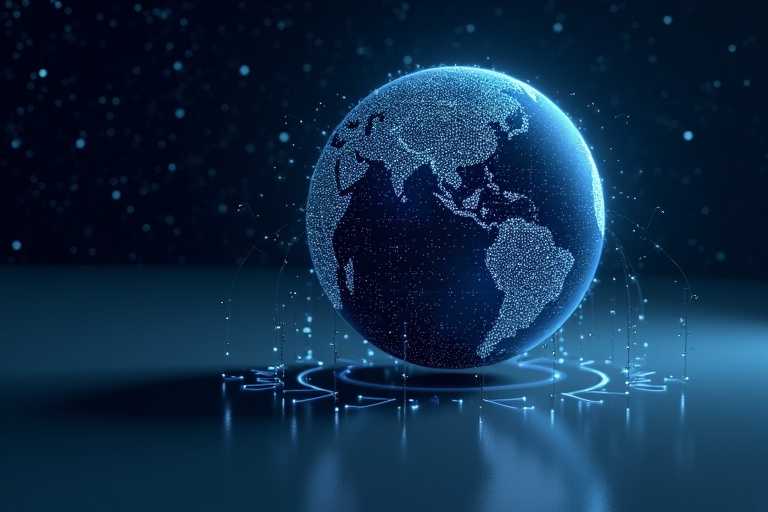 Futuristic header image featuring a massive glowing sphere symbolizing Earth. Sphere is on the right side with clear space on the left for a profile picture. Covered with small connection ports emitting faint light. Background is deep starry sky. Sphere floats above a sleek reflective surface. Design is clean modern with a focus on technology connectivity. Color palette dark blue and white.