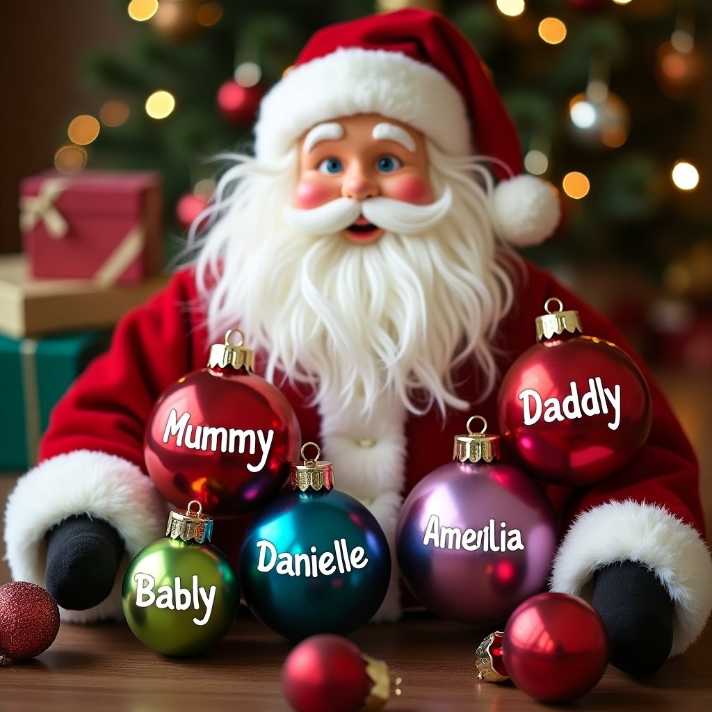 The image features Father Christmas, dressed in classic red and white attire, surrounded by vibrant baubles. Each bauble is inscribed with names such as Mummy, Daddy, Danielle, Amelia, and Baby C. The background showcases a festive Christmas tree adorned with twinkling lights. The scene evokes warm feelings of Christmas cheer and family togetherness. This charming setup is perfect for holiday-themed cards or decorations.