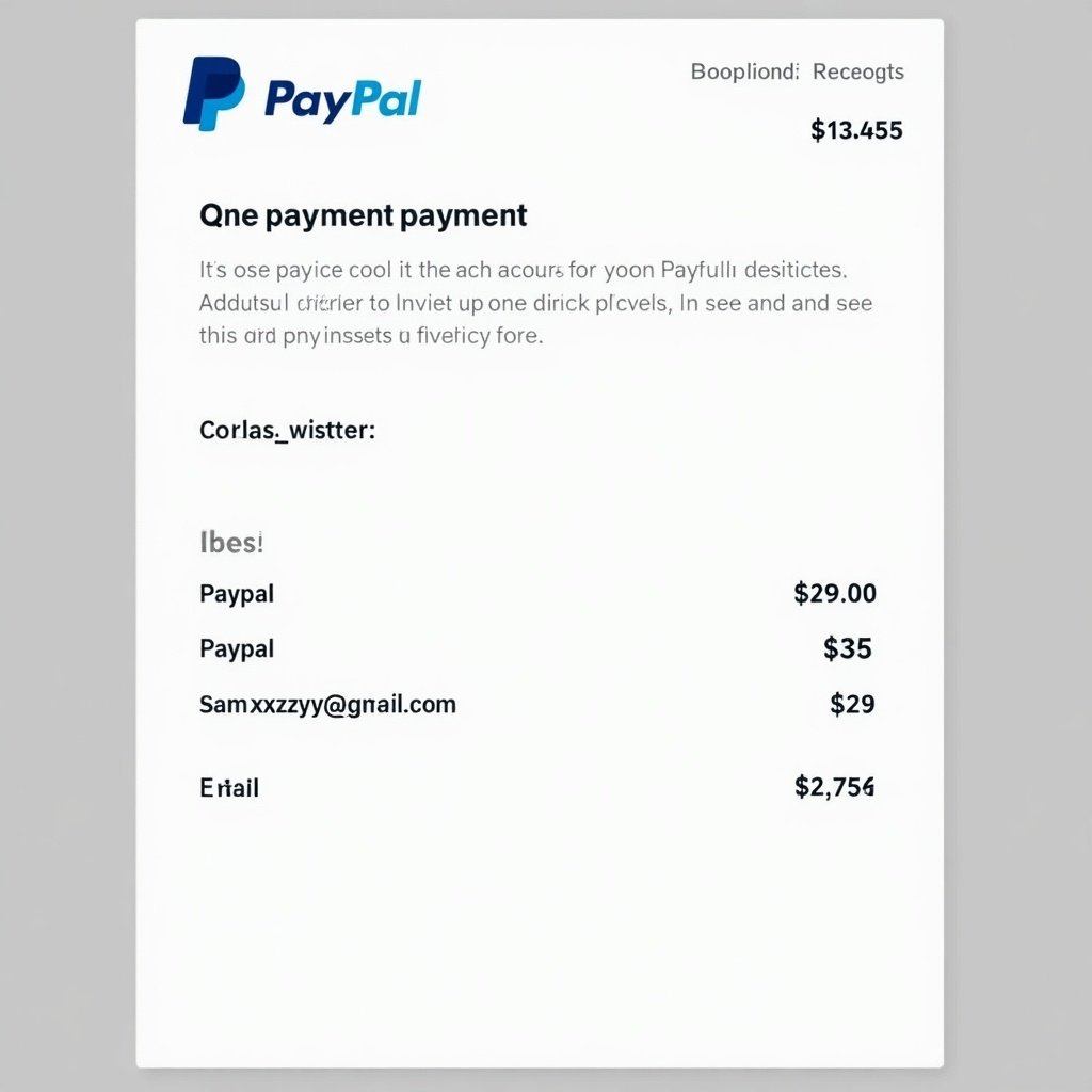 Image of a PayPal payment receipt with transaction information. Includes payment details for a transfer to a specified email. Shows amounts and usernames.