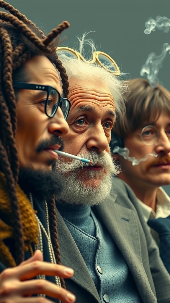 A group of three quirky individuals with distinct hairstyles and glasses, deep in thought while smoking.