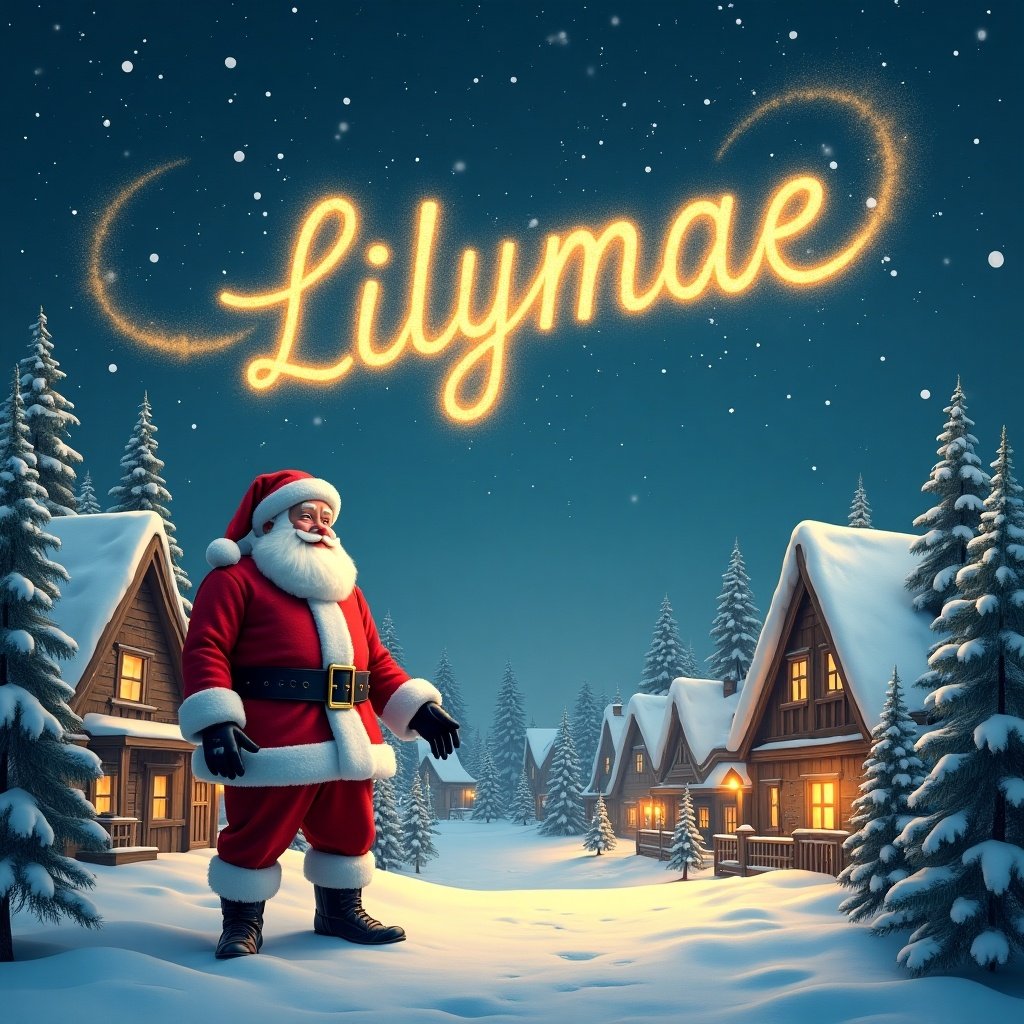 Santa Claus in a snowy village. Santa writing Lilymae in the night sky. Winter scene with cabins and trees.