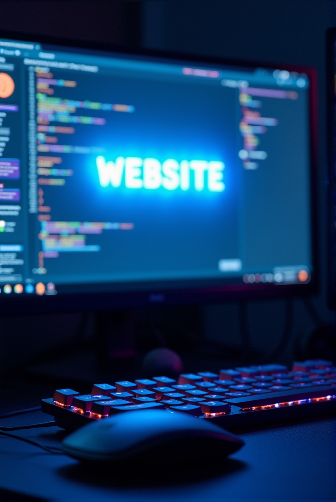 A computer screen displaying colorful code with a glowing 'WEBSITE' text, set on a dark desk with a backlit keyboard and mouse.