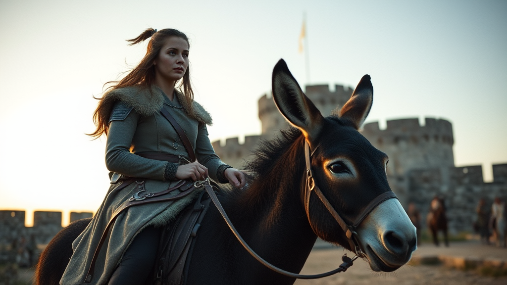 A woman in medieval attire rides a donkey near a stone castle at sunrise.