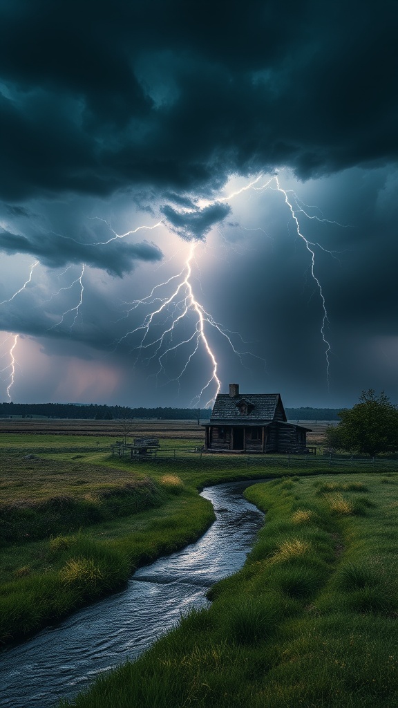 A dramatic scene of a solitary cabin on a field under a stormy sky with vivid lightning.