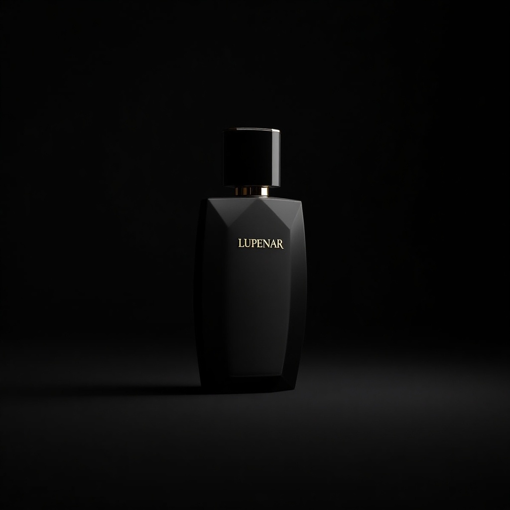 Sleek elegant perfume bottle named Lupenar against dark background. Bottle has minimalist design with black lid and gold lettering. Soft lighting enhances contours of bottle creating sophisticated ambiance. Shadows emphasize shape and luxurious appeal.