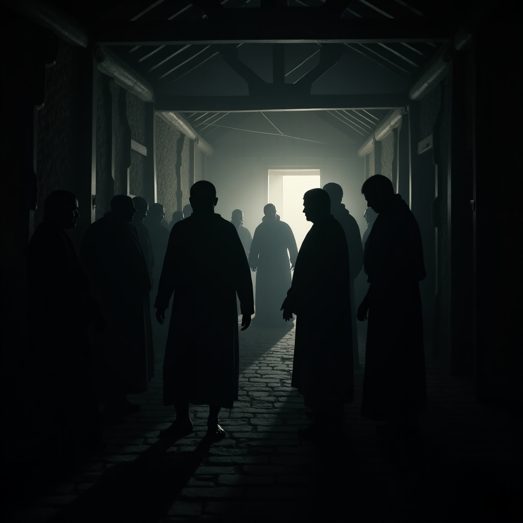 Dark room inside a traditional village house. Villagers gathered around. Whispering in fear. Silhouetted figures creating an eerie atmosphere.