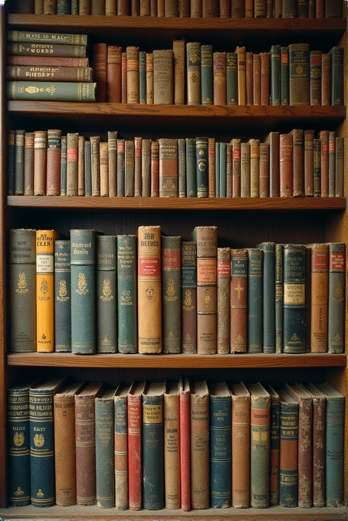 A bookshelf filled with vintage, leather-bound books showcasing a variety of titles and classic literature.