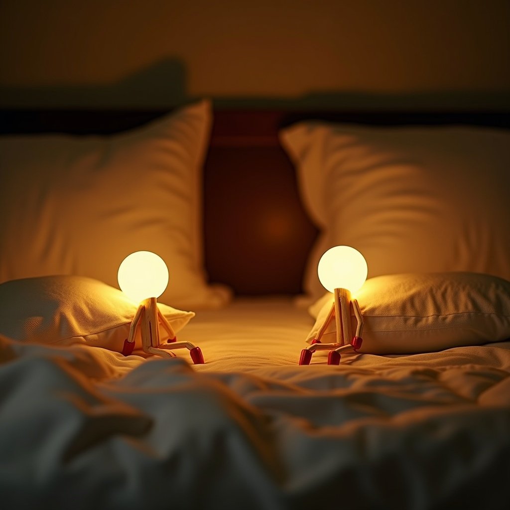 A cozy bedroom setting with two whimsical matchstick figures. They sit against pillows on a bed. Each has a lit head. The scene evokes a warm and playful atmosphere.