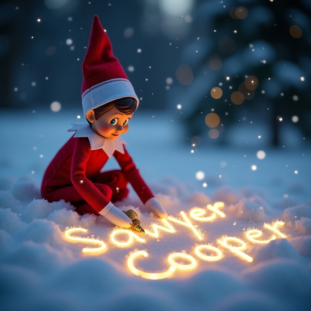 In a magical winter setting, an elf dressed in red writes names in the snow with a glowing pen. Soft snowflakes fall around, creating an enchanting atmosphere. The scene is softly lit, highlighting the elf and the letters.